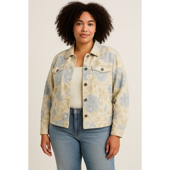 Bill Blass 1X Floral Linen Jacket Women Beige‎ Blue Button Down Y2K Boho - Picture 1 of 14